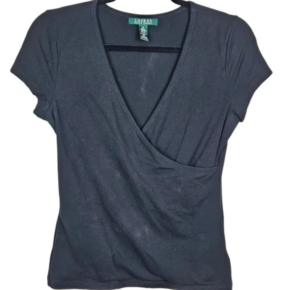 Lauren Ralph Lauren Tops - Lauren Ralph Lauren Black Faux Wrap Short Cap Sleeve Pullover Shirt Size Medium